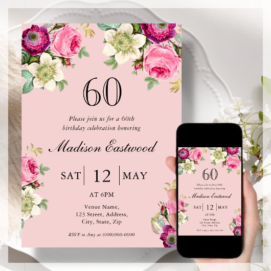 Roze Floral 60th Birthday Invitation Kaart