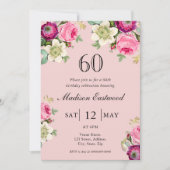 Roze Floral 60th Birthday Invitation Kaart (Voorkant)