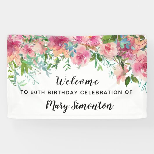Roze Floral 60th Birthday Party Welcome Spandoek (Horizontaal)