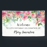 Roze Floral 70th Birthday Party Welcome Spandoek<br><div class="desc">Mooie bloemen creëer een verbluffend 70ste verjaardagsfeestje.. welkomstbanner. Een prachtige combinatie van fel roze pinda's met veel groen met aangezette wijnstokken en bladeren maakt het een zeer modern bloemontwerp. Het heeft een beetje een Boho Chic-vibe, vanwege de gevaarlijke wijnstokken en bladeren. Deze vrijgezellenfeest banner maakt deel uit van het roze...</div>