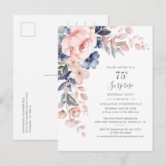 Roze Floral 75e verjaardag Botanische Waterverf Uitnodiging Briefkaart (Voorkant / Achterkant)