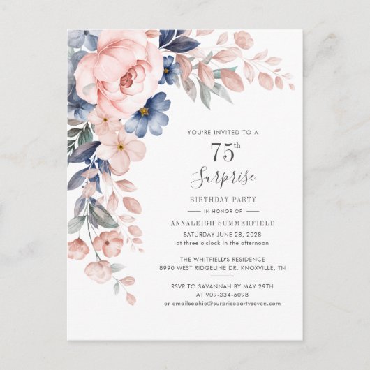 Roze Floral 75e verjaardag Botanische Waterverf Uitnodiging Briefkaart (Voorkant)