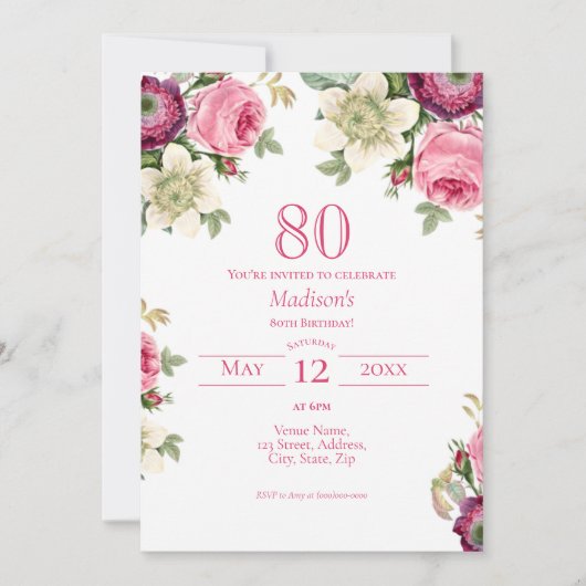 Roze Floral | 80e verjaardag Kaart (Voorkant)