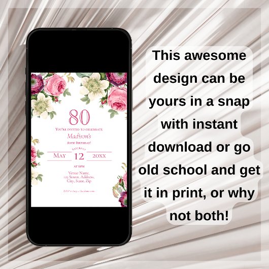 Roze Floral | 80e verjaardag Kaart