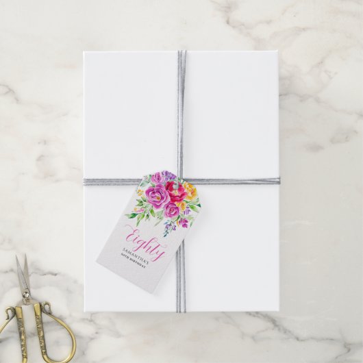 Roze Floral 80th Birthday Cadeaulabel (Met Touw)