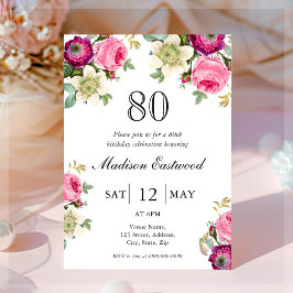 Roze Floral 80th Birthday Invitation Kaart