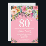 Roze Floral 80th Birthday Invitation Kaart<br><div class="desc">Roze Floral, 80ste verjaardag uitnodiging voor vrouwen. Waterverf Floral Flower. Roze achtergrond. Roze, geel, Oranje, Paars ventilator. Volwassen verjaardag. 13e 15e 16e 18e 21e 30e 40e 50e 60e 70e 90e 100e, Alle leeftijden. Voor verdere aanpassing, te klikken gelieve de knoop "van de Aanpassing het"en ons ontwerphulpmiddel te gebruiken om deze...</div>