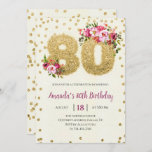 Roze Floral 80th Birthday Invitation Kaart<br><div class="desc">Roze Floral en de Gouden Kaart van de Uitnodiging van de Glitter voor de 80e Partij van de Geboortedag met de Aantallen van Glitter</div>