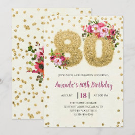 Roze Floral 80th Birthday Invitation Kaart