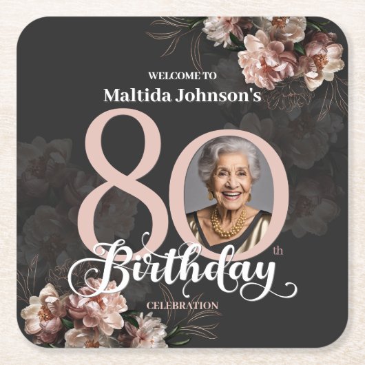 Roze Floral 80th Birthday Kartonnen Onderzetters (Voorkant)