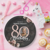 Roze Floral 80th Birthday Papieren Bordje (Feest)