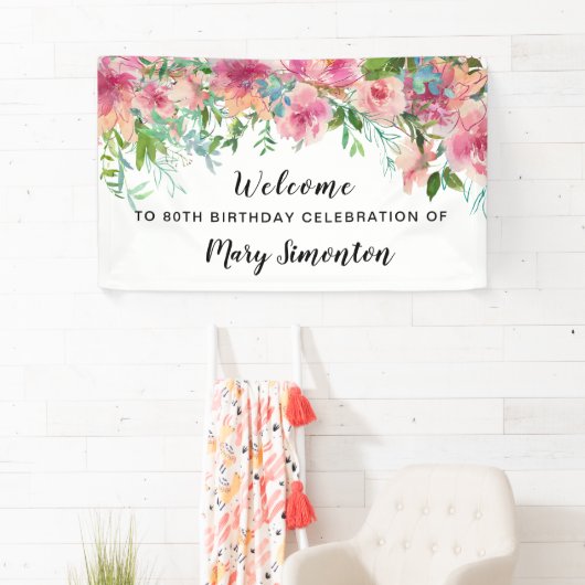 Roze Floral 80th Birthday Party Welcome Spandoek (Insitu)