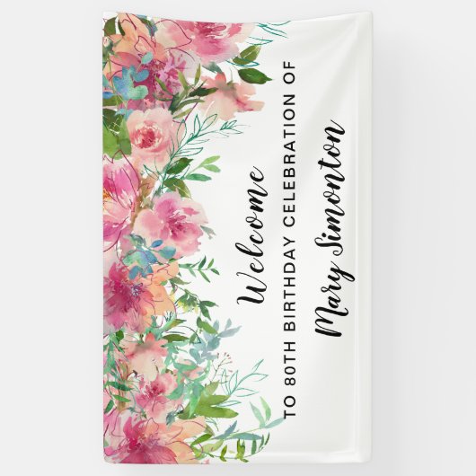 Roze Floral 80th Birthday Party Welcome Spandoek (Verticaal)