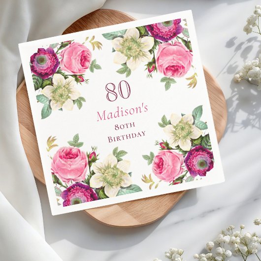Roze Floral 80th Birthday Servet