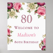 Roze Floral 80th Birthday Welcome Sign Poster (Voorkant)