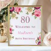 Roze Floral 80th Birthday Welcome Sign Poster