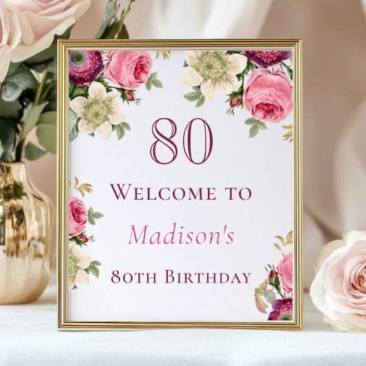 Roze Floral 80th Birthday Welcome Sign Poster