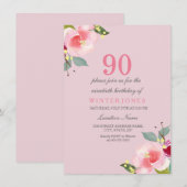  roze Floral 90e verjaardag uitnodiging (Voorkant / Achterkant)