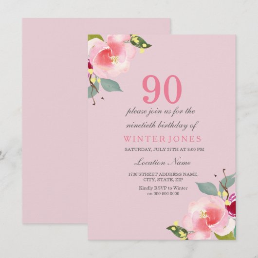  roze Floral 90e verjaardag uitnodiging (Voorkant / Achterkant)