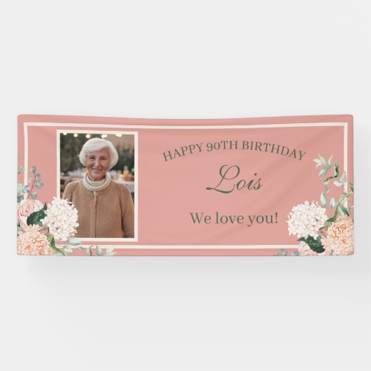 Roze Floral 90th Birthday Banner (Horizontaal)