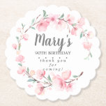 Roze Floral 90th Birthday Hartelijk dank Kartonnen Onderzetters<br><div class="desc">Mooie roze kersbloesems en sage green creëer a rustic wreath om een negentigste verjaardag te vieren. De naam van de verjaardagsfeestdag staat in het midden,  op de negentigste verjaardag en ik dank u voor uw gevoelens.</div>