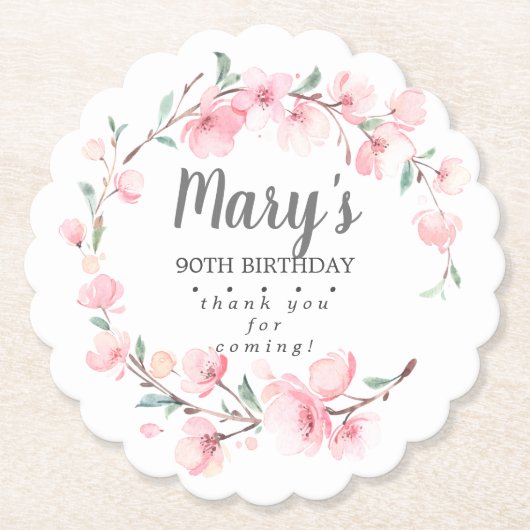 Roze Floral 90th Birthday Hartelijk dank Kartonnen Onderzetters (Voorkant)