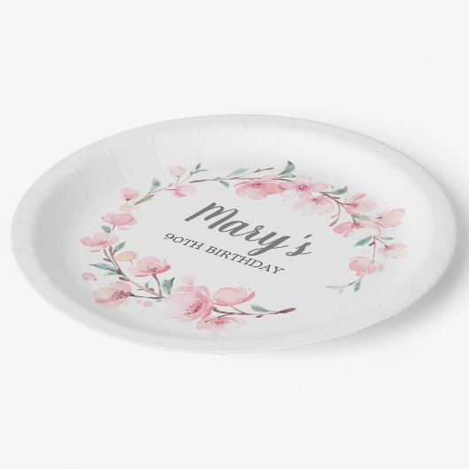 Roze Floral 90th Birthday Hartelijk dank Papieren Bordje (Gekanteld)