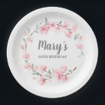 Roze Floral 90th Birthday Hartelijk dank Papieren Bordje<br><div class="desc">Mooie roze kersbloesems en sage green creëer a rustic wreath om een negentigste verjaardag te vieren. De naam van de verjaardagsfeestdag staat in het midden en de negentigste verjaardag staat in het midden</div>