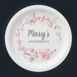 Roze Floral 90th Birthday Hartelijk dank Papieren Bordje<br><div class="desc">Mooie roze kersbloesems en sage green creëer a rustic wreath om een negentigste verjaardag te vieren. De naam van de verjaardagsfeestdag staat in het midden en de negentigste verjaardag staat in het midden</div>