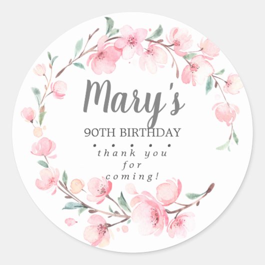 Roze Floral 90th Birthday Hartelijk dank Ronde Sticker (Voorkant)