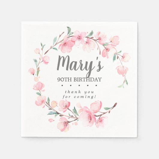 Roze Floral 90th Birthday Hartelijk dank Servet (Voorkant)