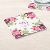 Roze Floral 90th Birthday Kartonnen Onderzetters (Schuin)