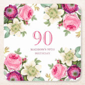 Roze Floral 90th Birthday Kartonnen Onderzetters (Voorkant)