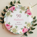 Roze Floral 90th Birthday Papieren Bordje<br><div class="desc">Roze Bloemen 90e Verjaardagspapier borden.</div>