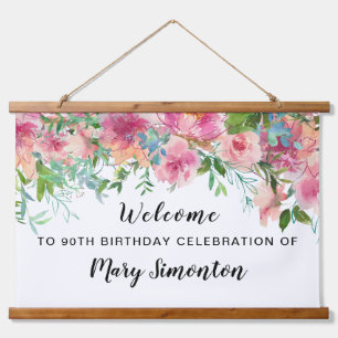 Roze Floral 90th Birthday Party Welcome Banner Hangend Wandkleed