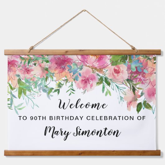 Roze Floral 90th Birthday Party Welcome Banner Hangend Wandkleed (Voorkant)