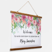 Roze Floral 90th Birthday Party Welcome Banner Hangend Wandkleed (Gebogen)