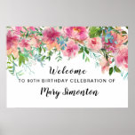 Roze Floral 90th Birthday Party Welcome Poster<br><div class="desc">Mooie bloemen creëer een prachtige 90ste verjaardagsfeestje welkomstbanner. Een prachtige combinatie van felroze pioenrozen met veel groen met diverse wijnstokken en bladeren maken het een zeer modern bloemontwerp. Het heeft een beetje een Boho Chic vibe, vanwege de bungelende wijnstokken en bladeren. Deze vlag maakt deel uit van het roze pioen...</div>