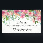 Roze Floral 90th Birthday Party Welcome Spandoek<br><div class="desc">Mooie bloemen creëer een verbluffende 90ste verjaardag.. welkome banner. Een prachtige combinatie van fel roze pinda's met veel groen met aangezette wijnstokken en bladeren maakt het een zeer modern bloemontwerp. Het heeft een beetje een Boho Chic-vibe, vanwege de gevaarlijke wijnstokken en bladeren. Deze vrijgezellenfeest banner maakt deel uit van het...</div>