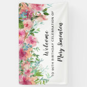 Roze Floral 90th Birthday Party Welcome Spandoek (Verticaal)