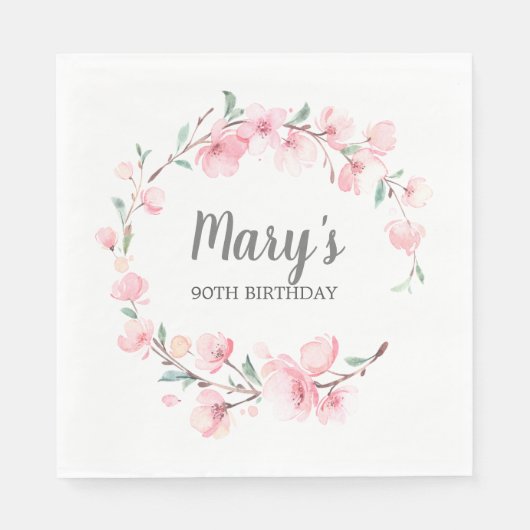 Roze Floral 90th Birthday Servet (Voorkant)