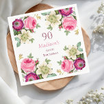 Roze Floral 90th Birthday Servet<br><div class="desc">Vier een mijlpaal met onze betoverende Pink Floral 90th Birthday Napkins, prachtig versierd met een delicate rand van levendige bloeiende roze en magenta bloemen. Deze prachtige servetten kunnen moeiteloos worden gepersonaliseerd, waardoor u een doordachte touch aan uw speciale gelegenheid toevoegt. Perfect voor het instellen van een feestelijke sfeer op uw...</div>