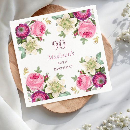 Roze Floral 90th Birthday Servet