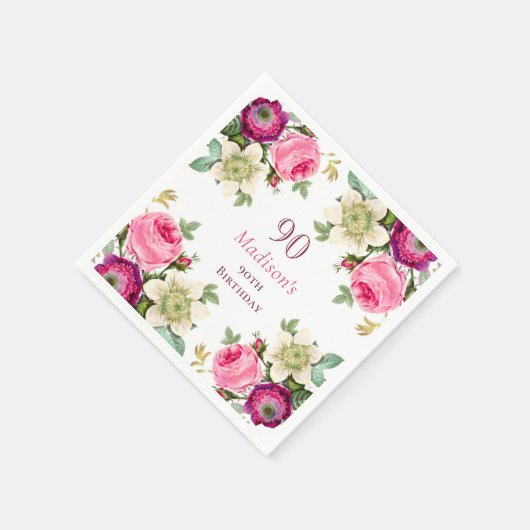 Roze Floral 90th Birthday Servet (Hoek)