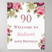 Roze Floral 90th Birthday Welcome Sign Poster (Voorkant)