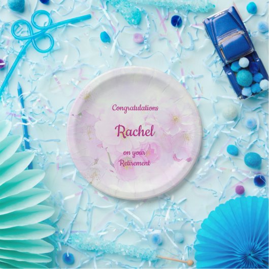 Roze Floral Aangepast design Retirement Papieren Bordje (Feest)