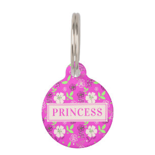 Roze Floral Aangepaste Dog Naam Rond Pet ID Tag Huisdierpenning