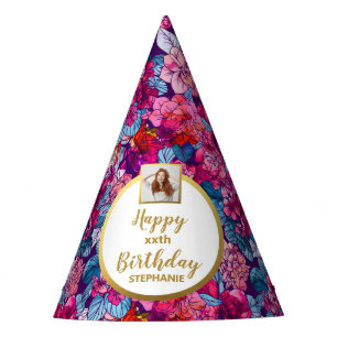 roze Floral Aangepaste Foto Happy Birthday Feesthoedjes