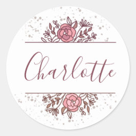  Roze Floral Aangepaste Naam Ronde Sticker