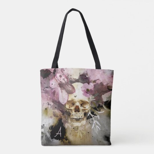 Roze Floral Abstracte Kunst met monogram Tote Bag (Achterkant)